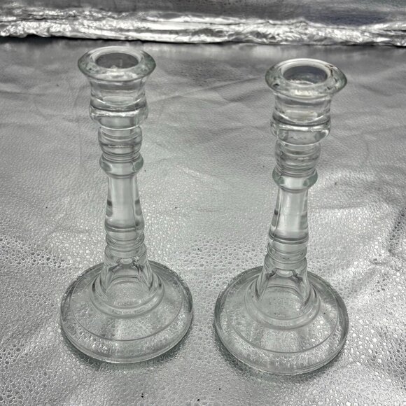 Vintage Candlestick Holders Clear Glass 8” Set Of 2 Romantic Date Night Wedding‎ - Picture 1 of 13